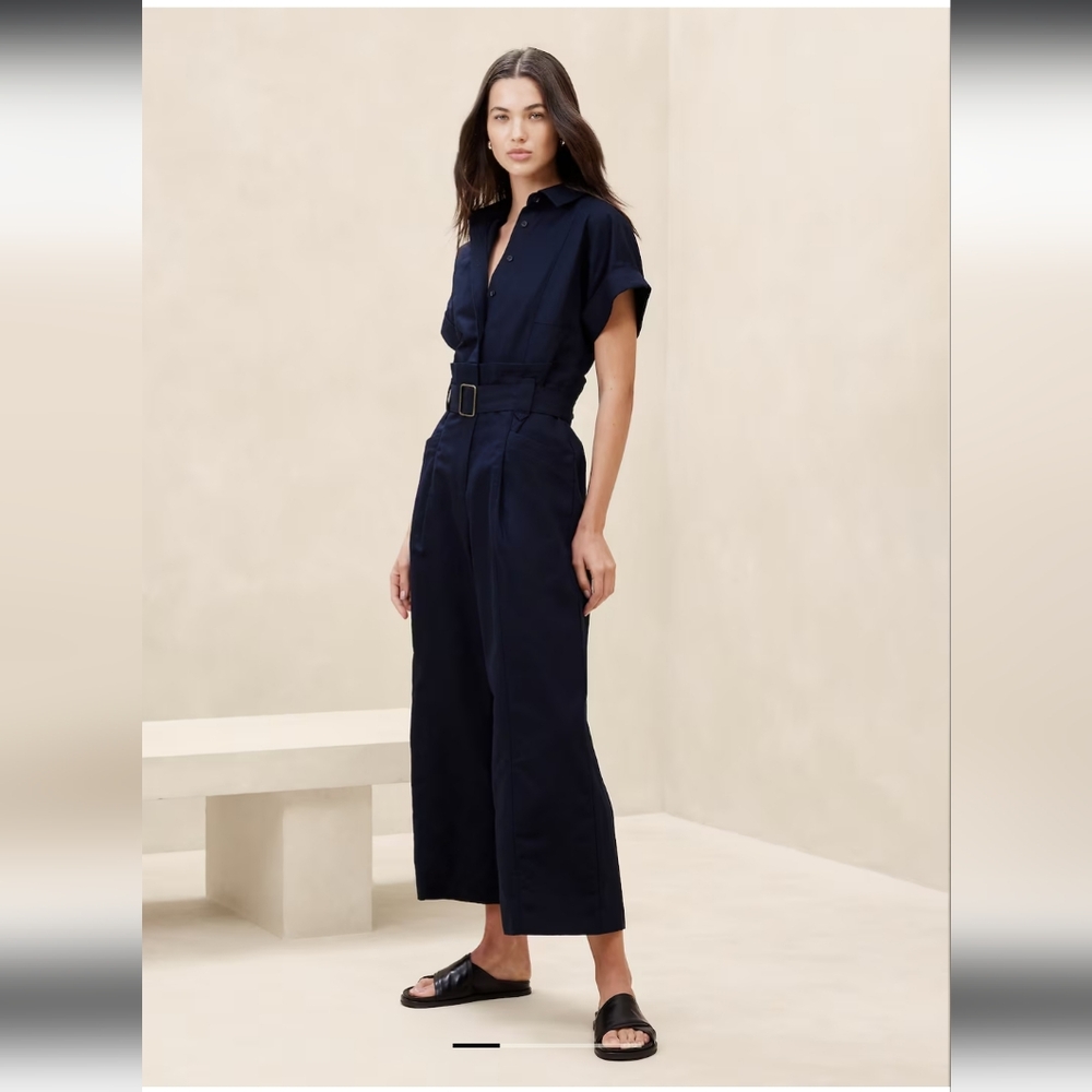Banana Republic Factory Navy Short-Sleeve Belted Jumpsuit